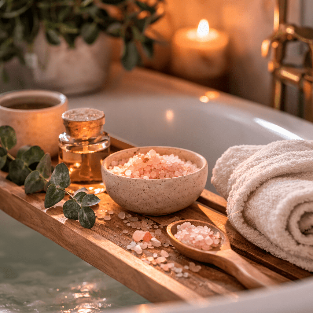 Relaxing bath scene with candle bath salts wooden bath tray and folded towel