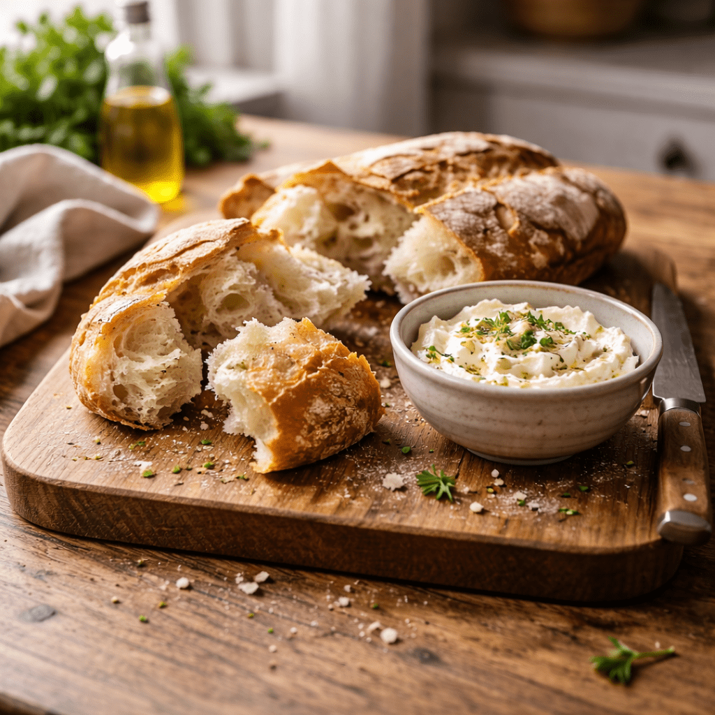 Rustic bread torn on an oak serving board with a small bowl of whipped feta in natural window light.
