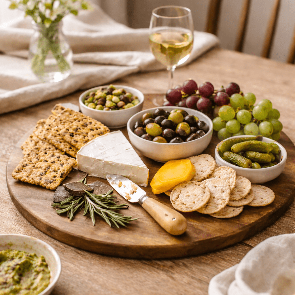 Savoury snack board with brie, crackers, olives, cornichons, grapes and a glass of white wine on a wooden board as an idea for International Women's Day