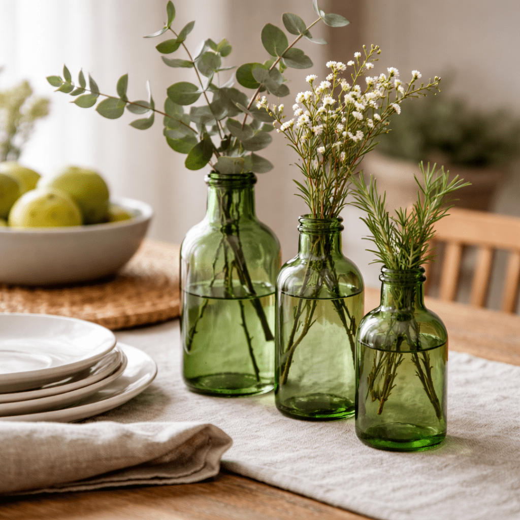 Green glass bottles with spring stems on wooden dining table