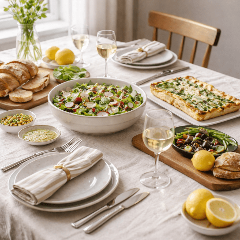 Spring lunch table set with white plates and silver cutlery, featuring a large salad bowl, asparagus tart, crusty bread and lemons in soft daylight for International Women's Day ideas