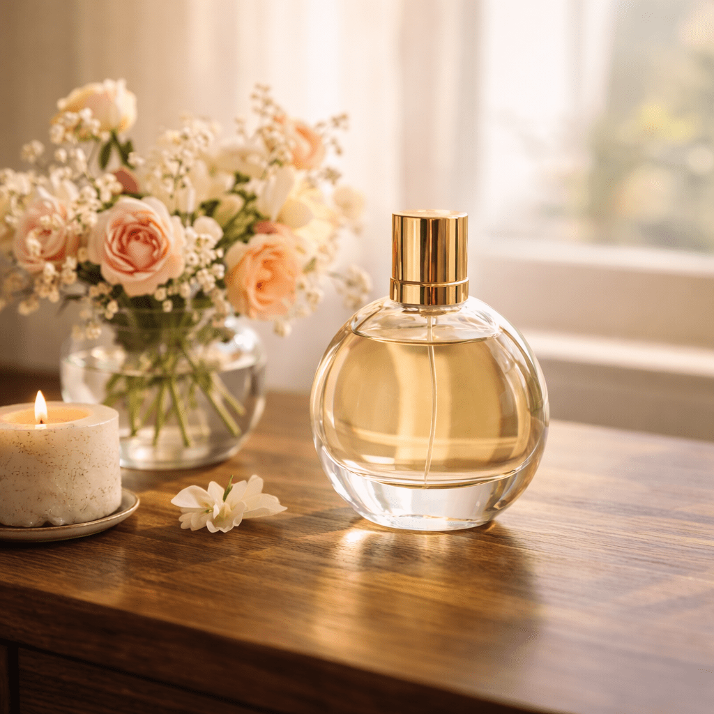 Elegant glass perfume bottle on wooden vanity table with peach and cream spring flowers in soft morning light for spring beauty routines