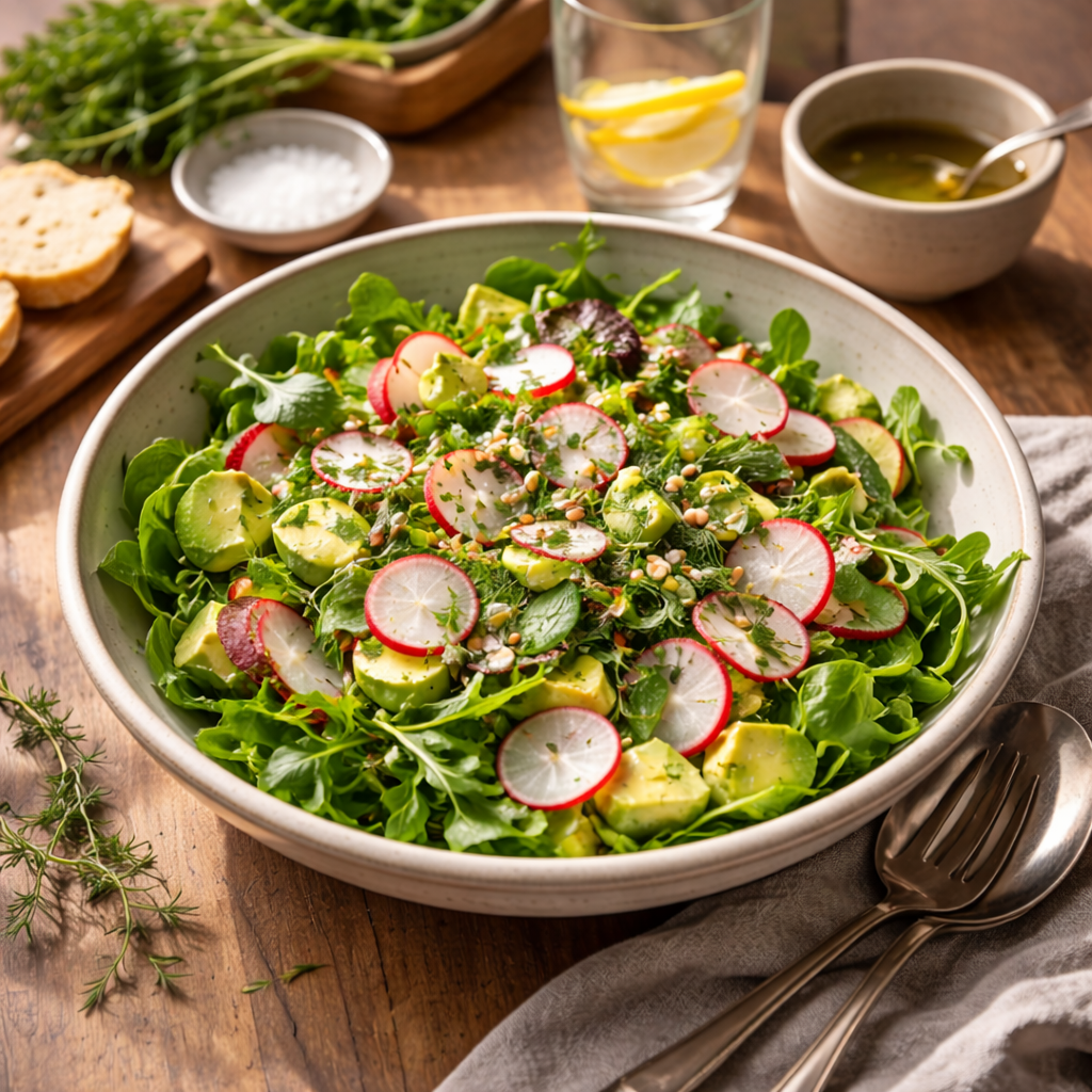 Vibrant spring salad with radishes and fresh herbs in a large ceramic bowl on a wooden table as a spring lunch idea