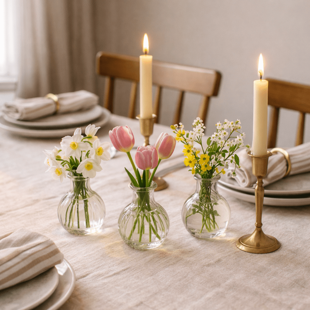Spring table styling with bud vases of fresh flowers and lit taper candles on a neutral linen tablecloth.