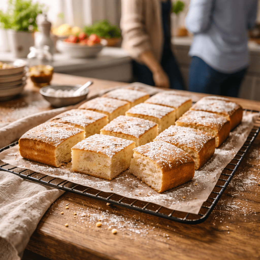 Vanilla yoghurt cake squares cooling on a baking tray in a sunlit kitchen with people blurred in the background.