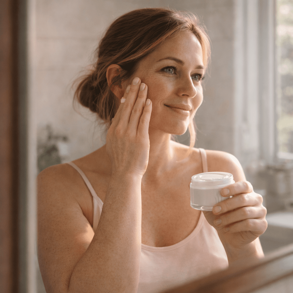 Woman applying moisturiser in bathroom mirror with natural daylight and relaxed expression
